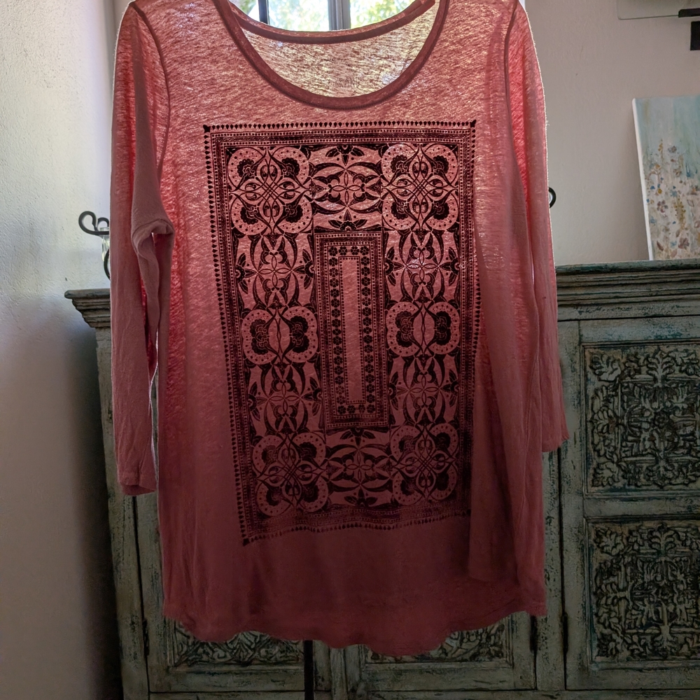 Lucky Brand Pink 3/4 Sleeve Top with Deep Red Burn Out Design.  Ombre Shading